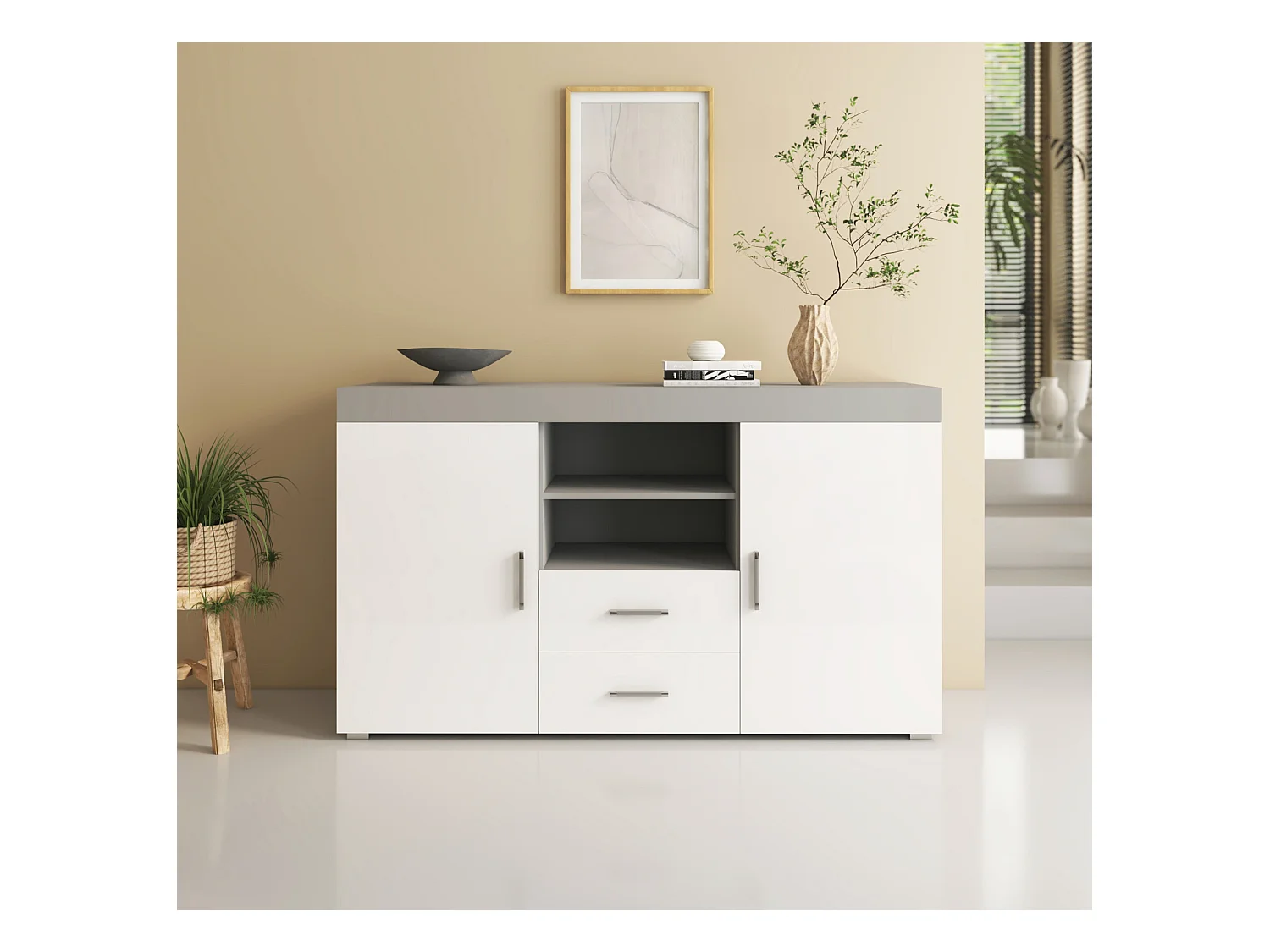 Bahut Buffet pour Salon Salle à manger en Gris et Blanc 140x40x80cm Roque