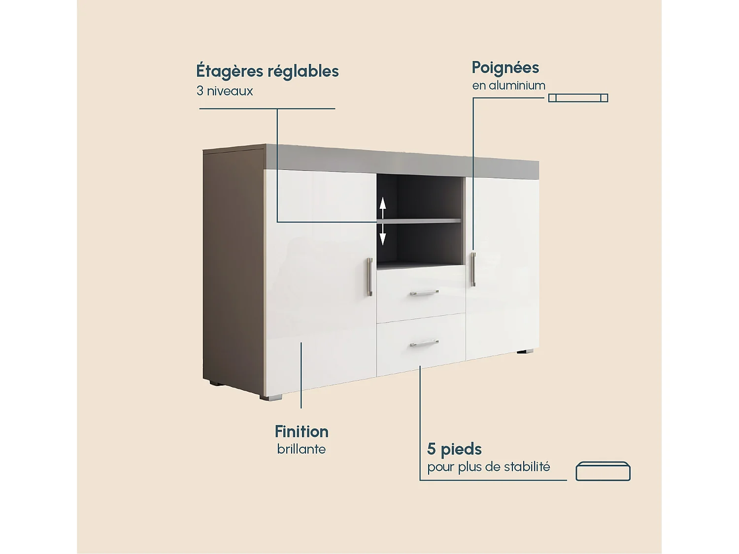 Aparador para Salón comedor en Gris y blanco 140x40x80cm Roque