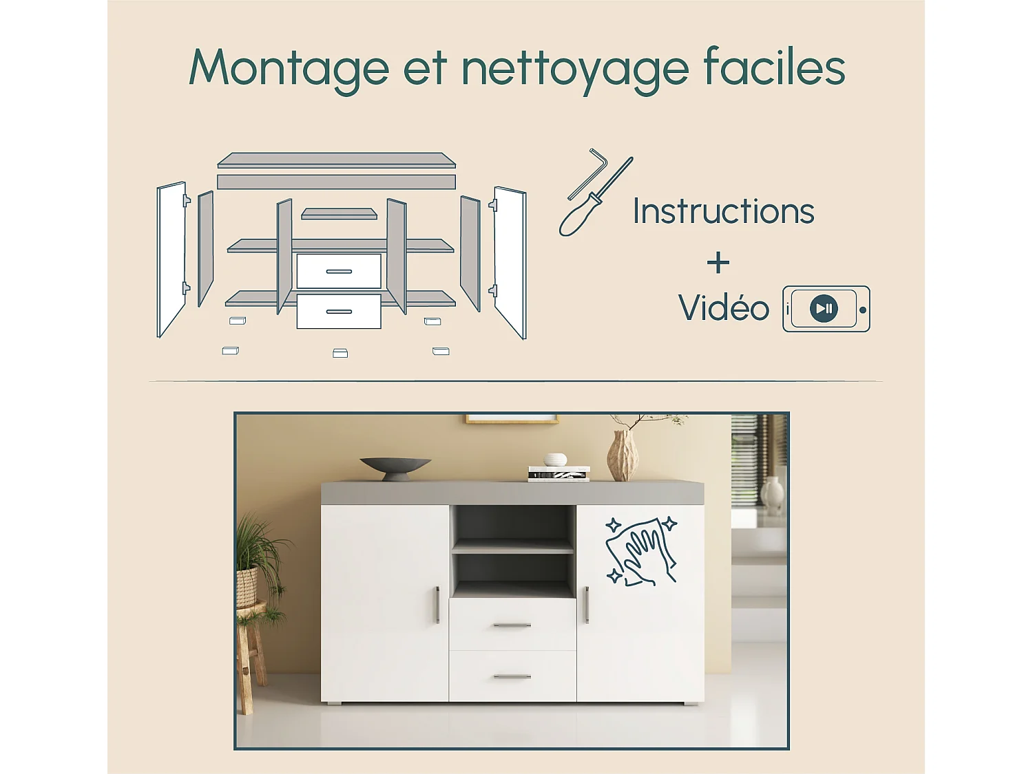 Aparador para Salón comedor en Gris y blanco 140x40x80cm Roque