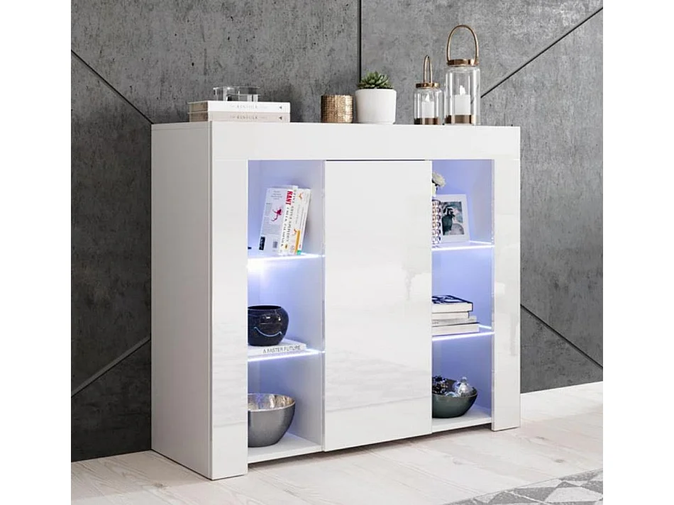 Bahut Buffet pour Salon Salle à manger en Blanc avec LED 94x35x83cm Lilian