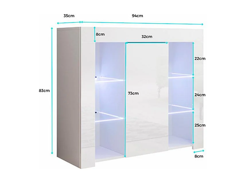 Bahut Buffet pour Salon Salle à manger en Blanc avec LED 94x35x83cm Lilian
