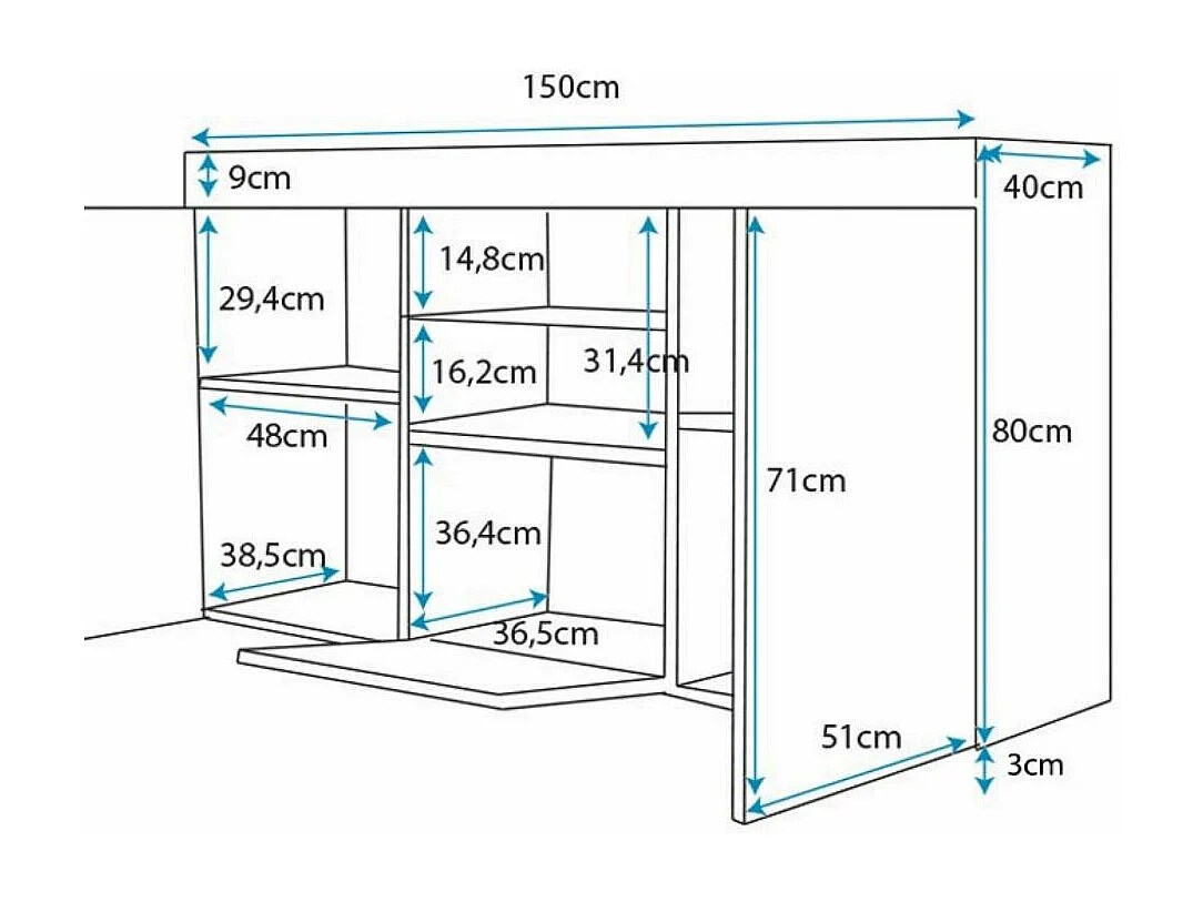 Aparador para Salón comedor en Blanco con LED 150x40x80cm Natolia