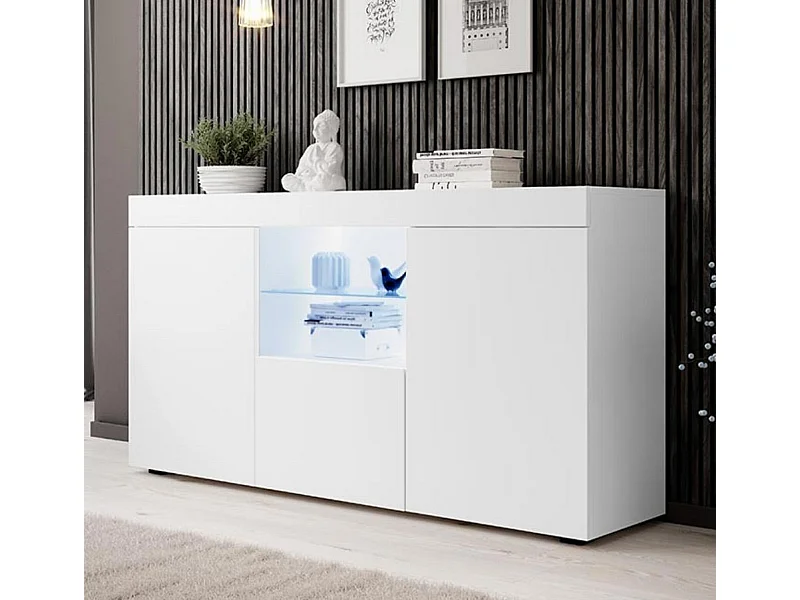 Bahut Buffet pour Salon Salle à manger en Blanc avec LED 150x40x80cm Natolia