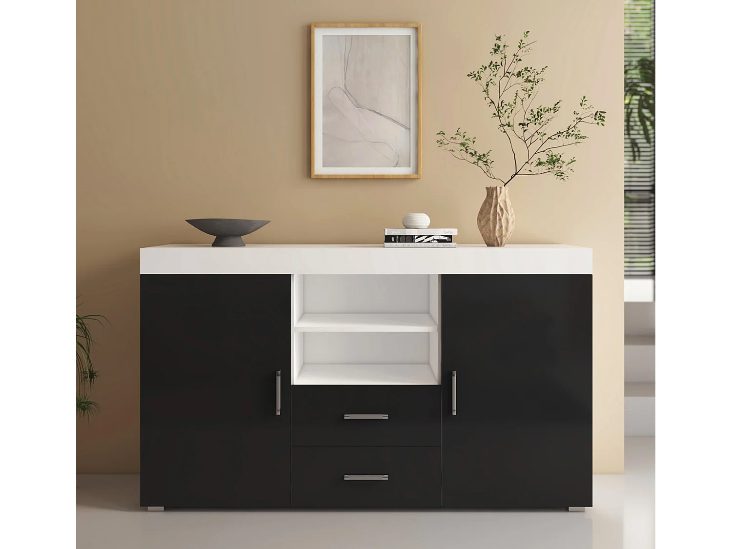 Bahut Buffet pour Salon Salle à manger en Blanc et Noir 140x40x80cm Roque