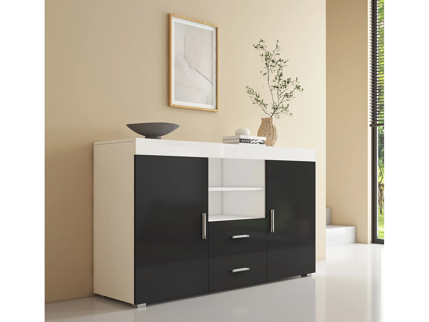 Bahut Buffet pour Salon Salle à manger en Blanc et Noir 140x40x80cm Roque