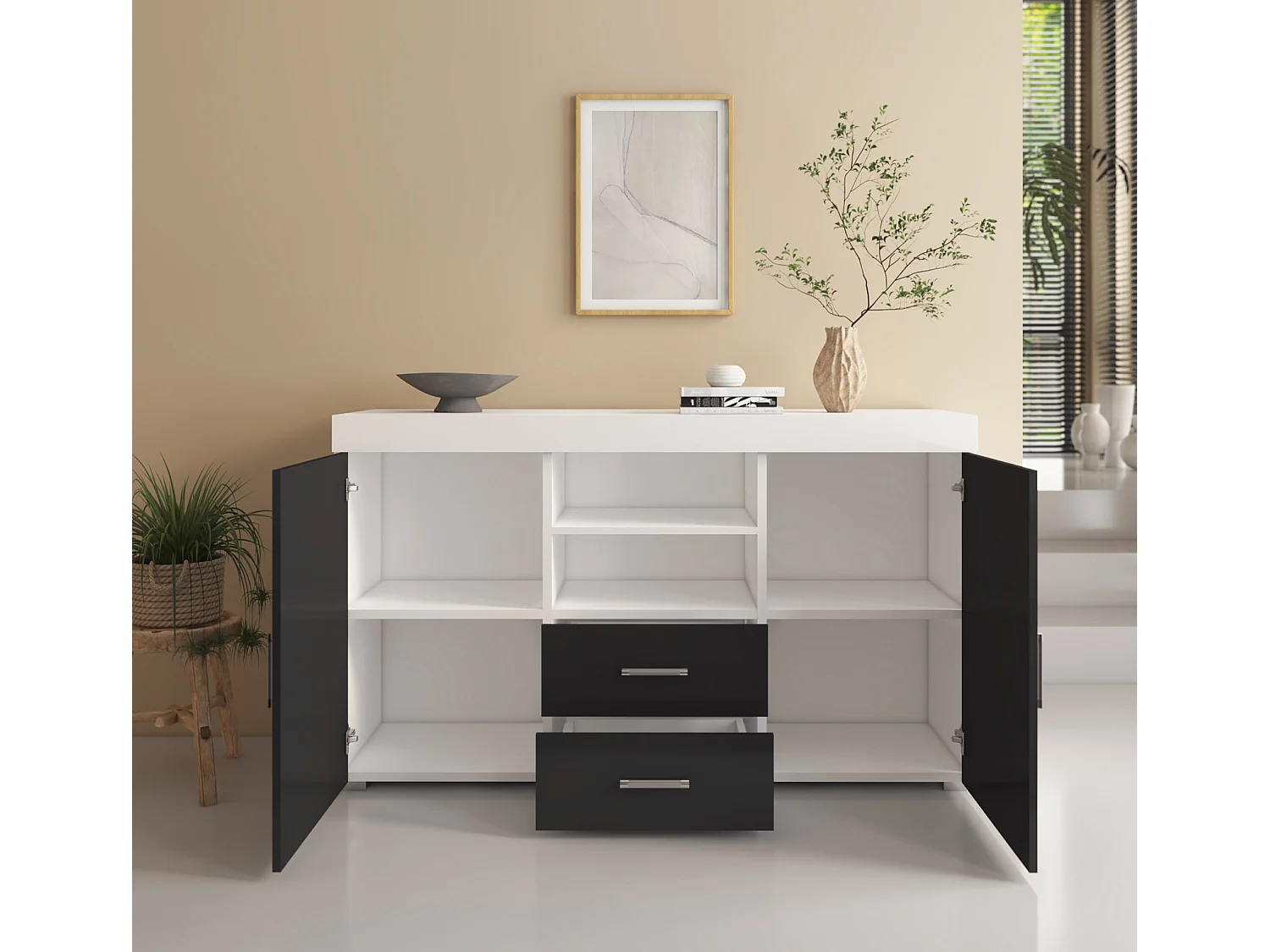 Bahut Buffet pour Salon Salle à manger en Blanc et Noir 140x40x80cm Roque
