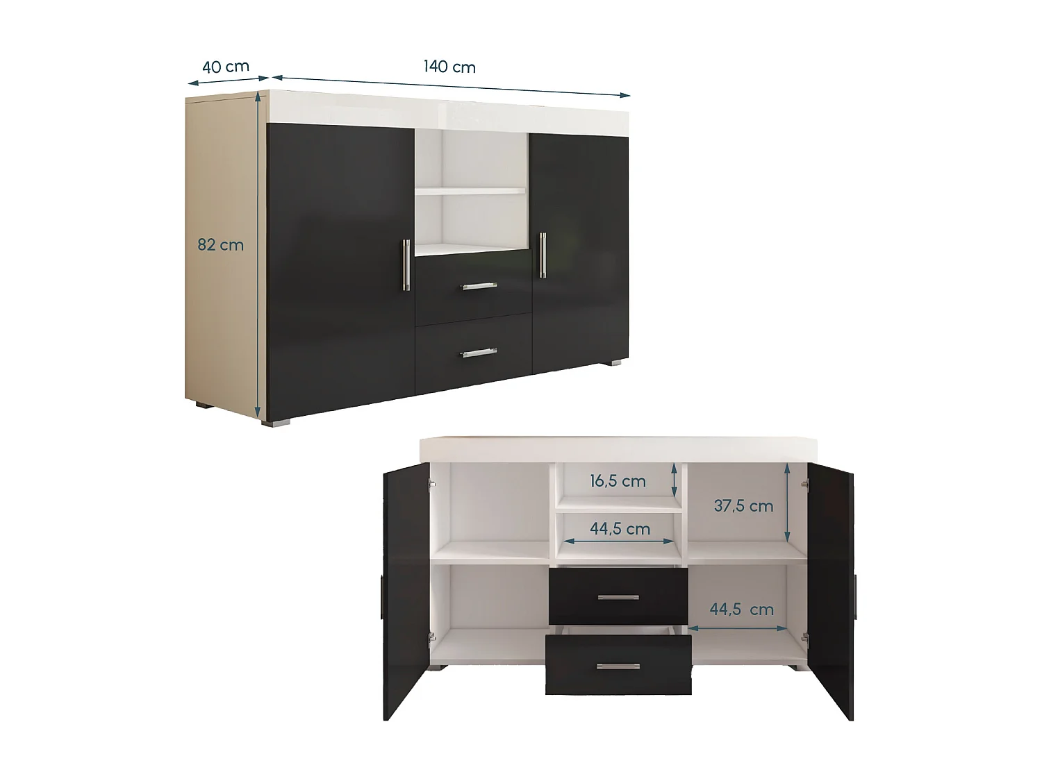 Bahut Buffet pour Salon Salle à manger en Blanc et Noir 140x40x80cm Roque