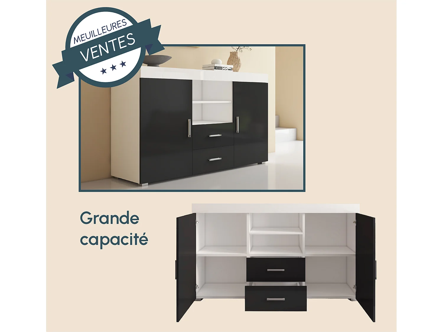 Bahut Buffet pour Salon Salle à manger en Blanc et Noir 140x40x80cm Roque