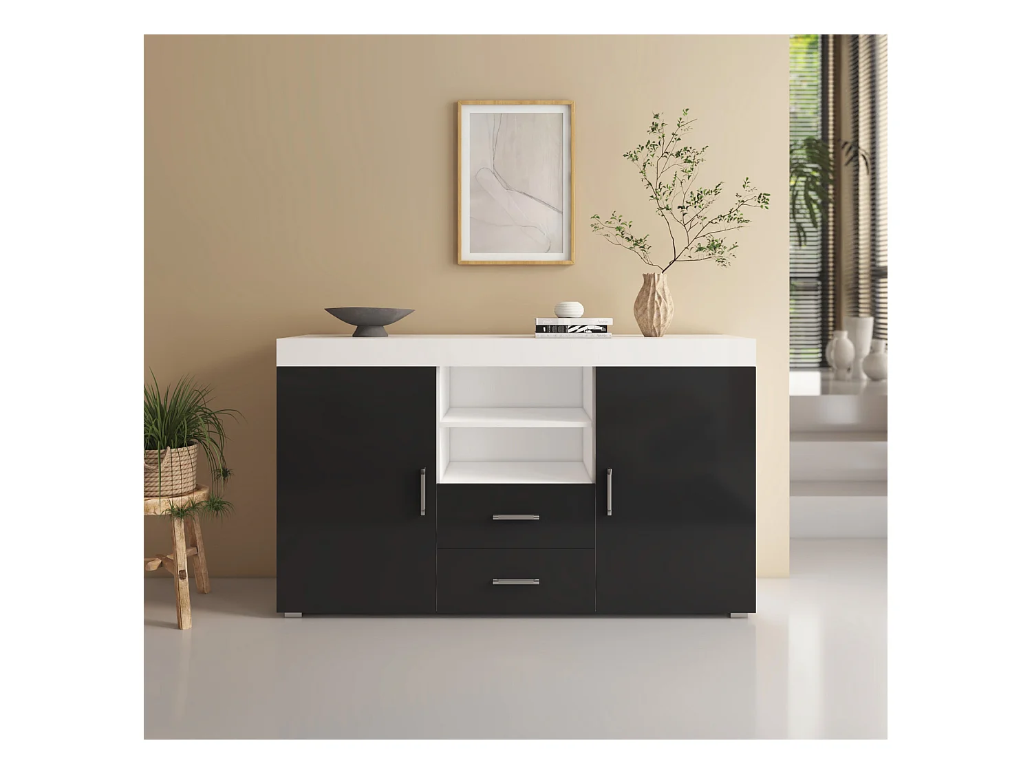 Bahut Buffet pour Salon Salle à manger en Blanc et Noir 140x40x80cm Roque