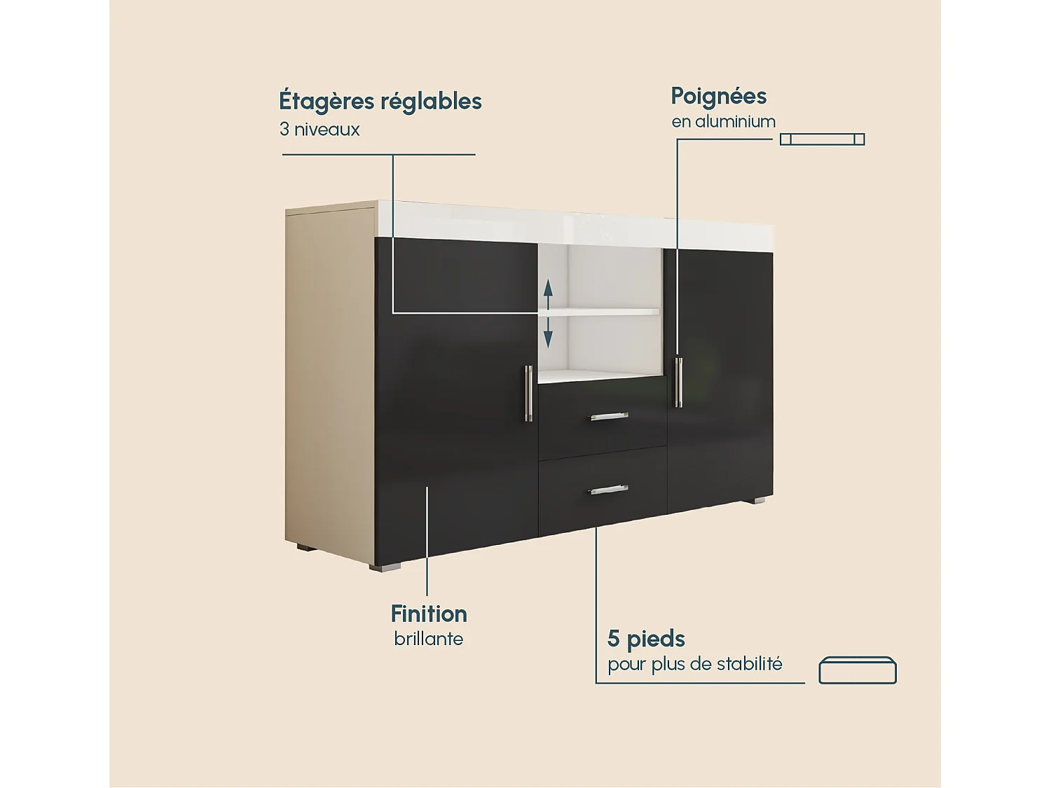 Bahut Buffet pour Salon Salle à manger en Blanc et Noir 140x40x80cm Roque