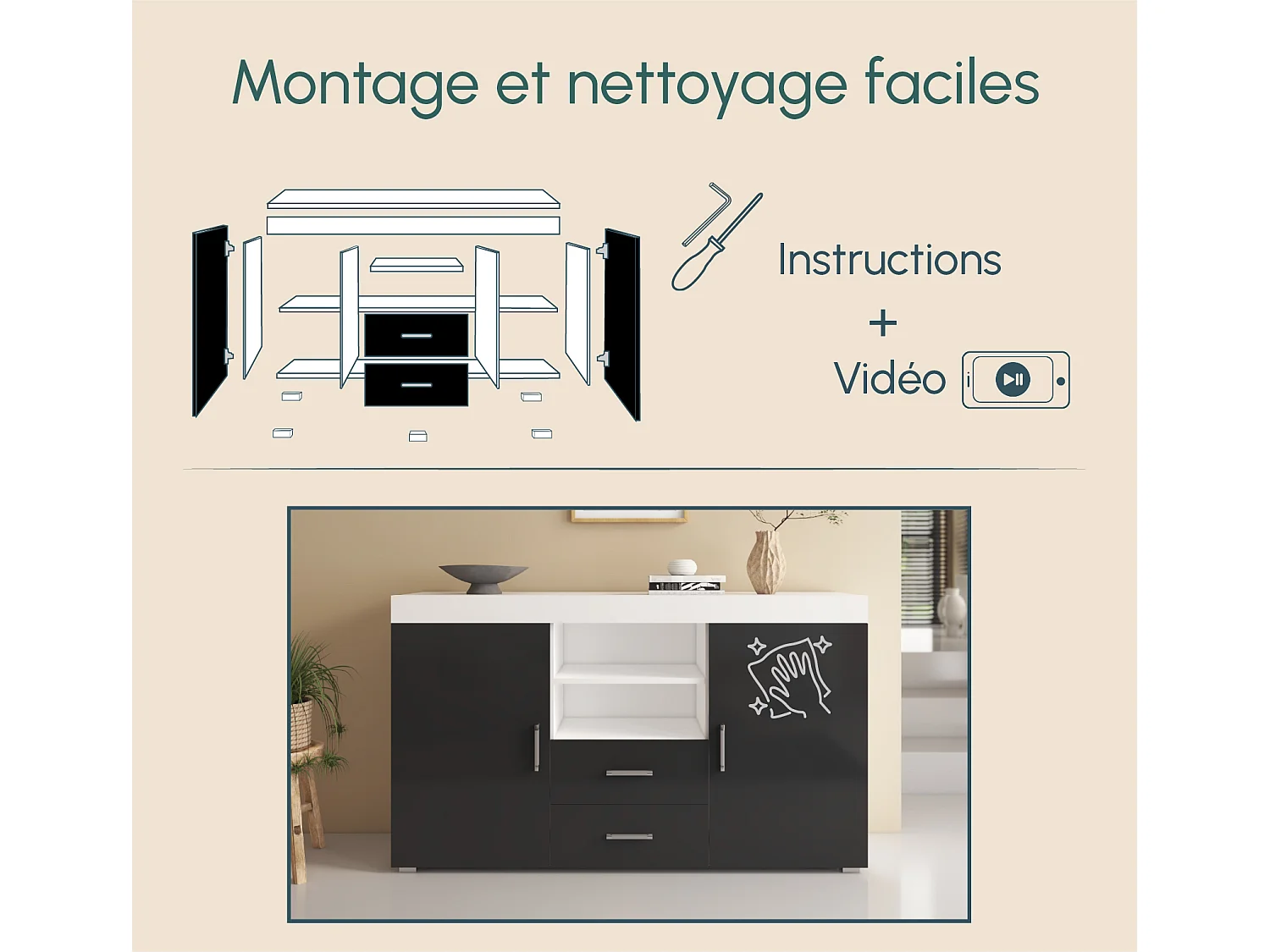 Bahut Buffet pour Salon Salle à manger en Blanc et Noir 140x40x80cm Roque