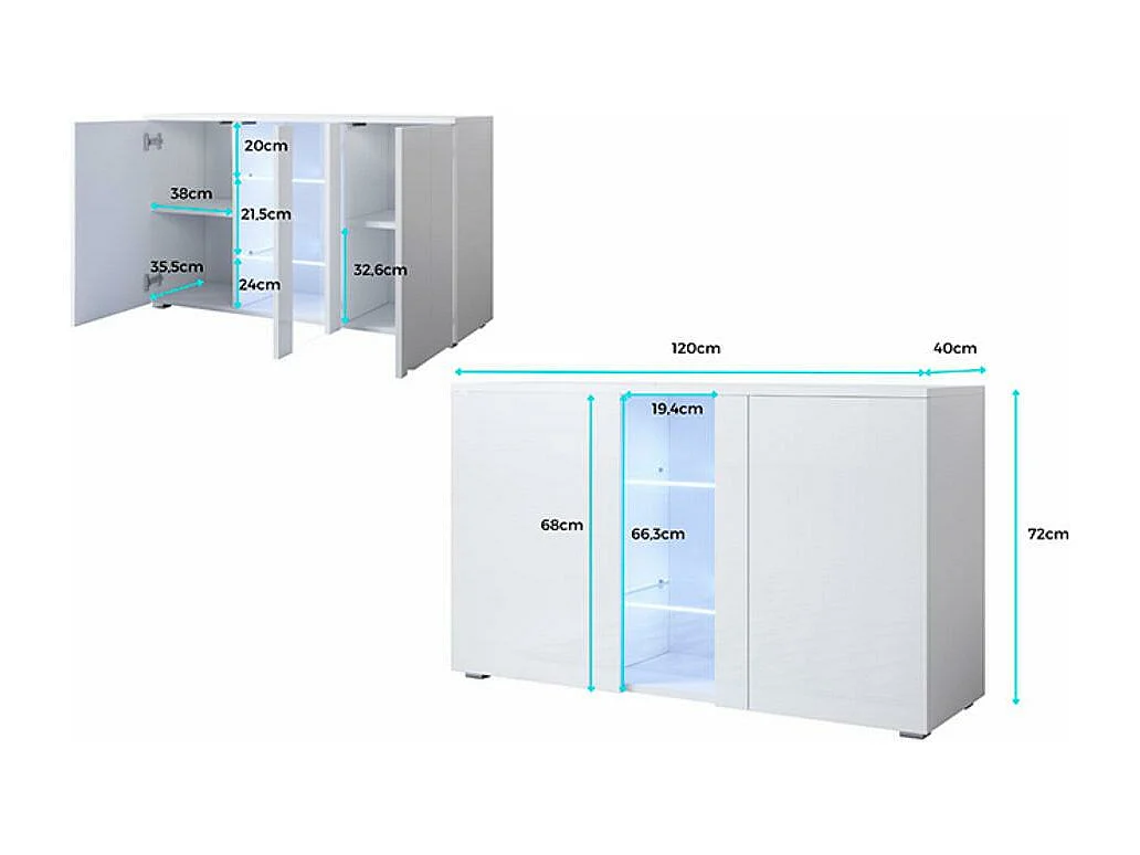 Aparador para Salón comedor en Negro y Blanco con LED 120x40x72cm Luke A1