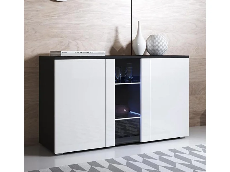 Bahut Buffet pour Salon Salle à manger en Noir et Blanc avec LED 120x40x72cm Luke A1