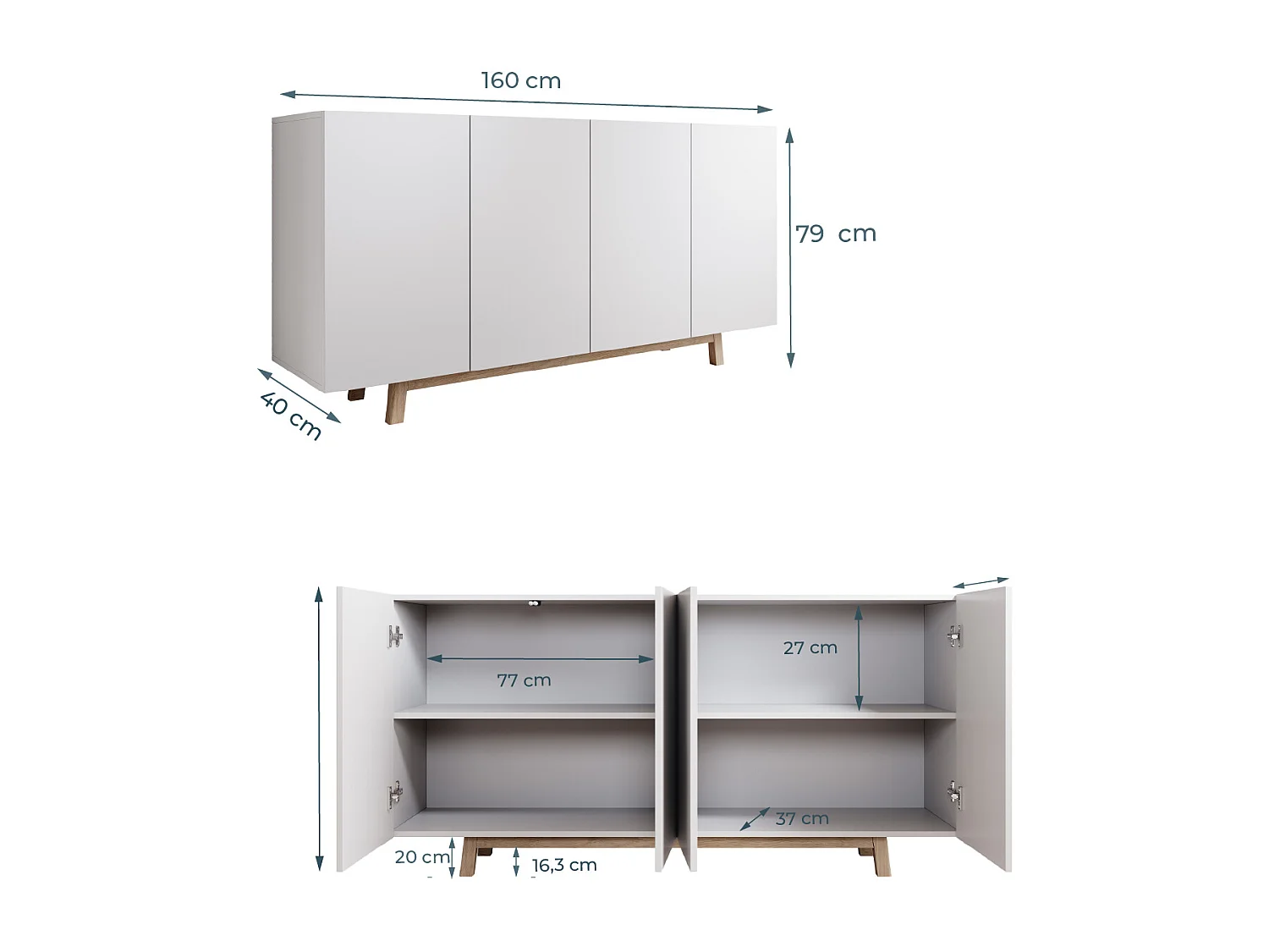 Bahut Buffet pour Salon Salle à manger en Blanc avec LED 160x40x79cm Siena