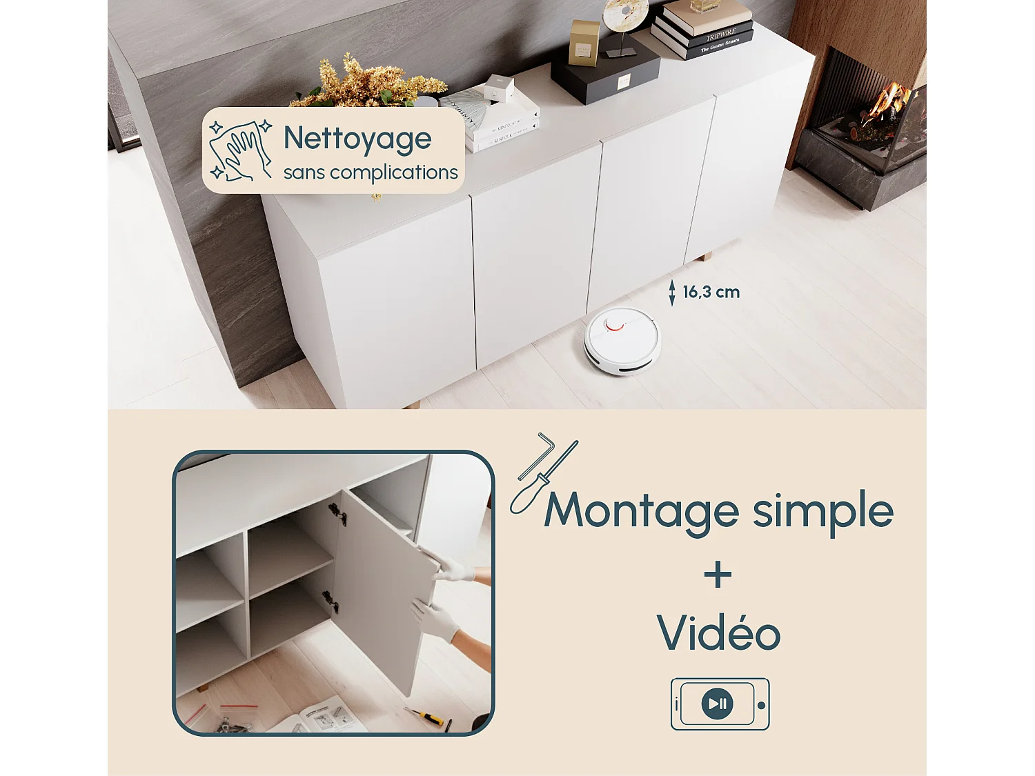 Bahut Buffet pour Salon Salle à manger en Blanc avec LED 160x40x79cm Siena