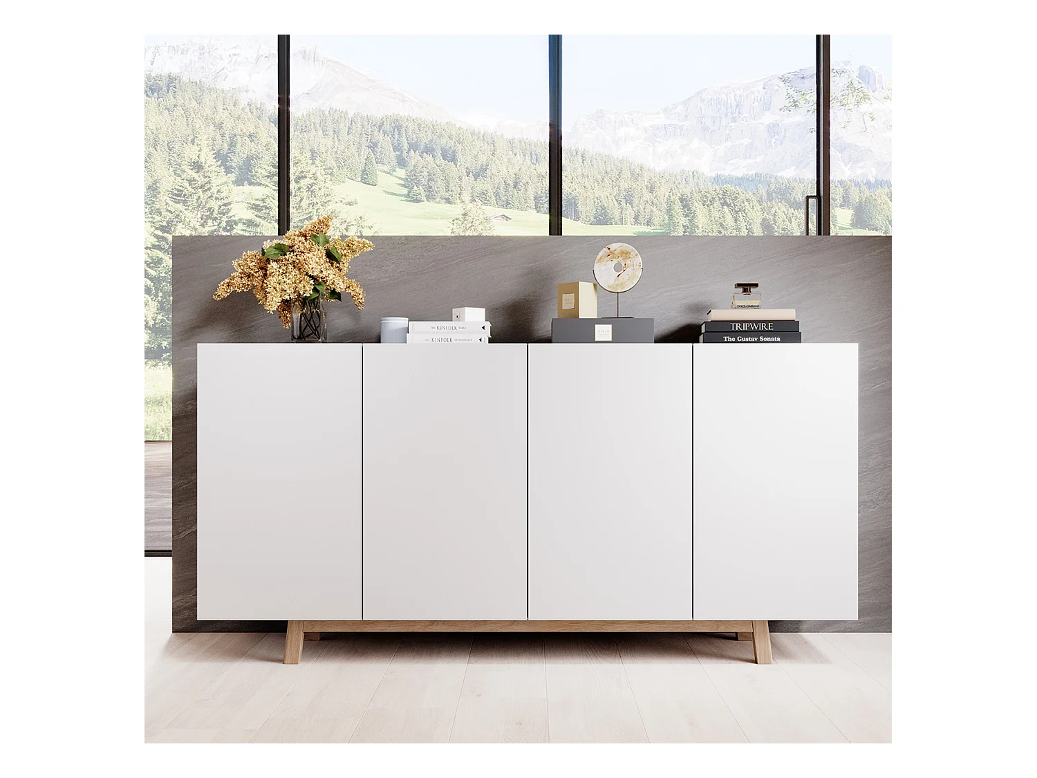 Bahut Buffet pour Salon Salle à manger en Blanc avec LED 160x40x79cm Siena