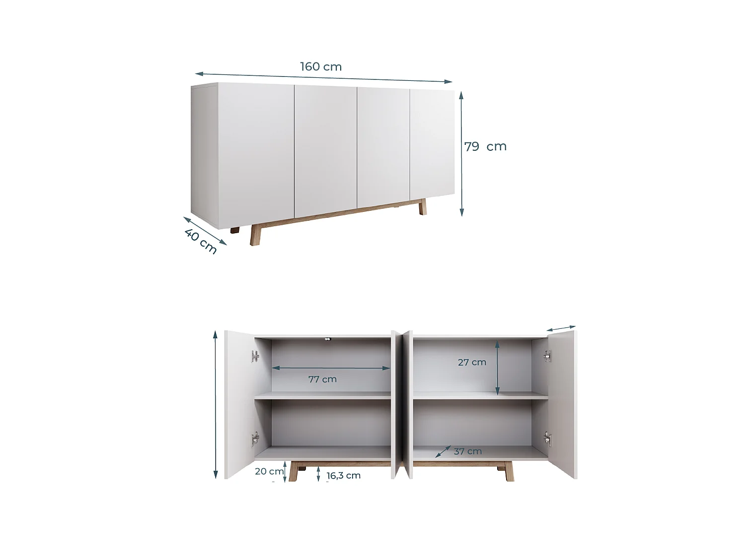 Aparador para Salón comedor en Blanco 160x40x79cm Siena