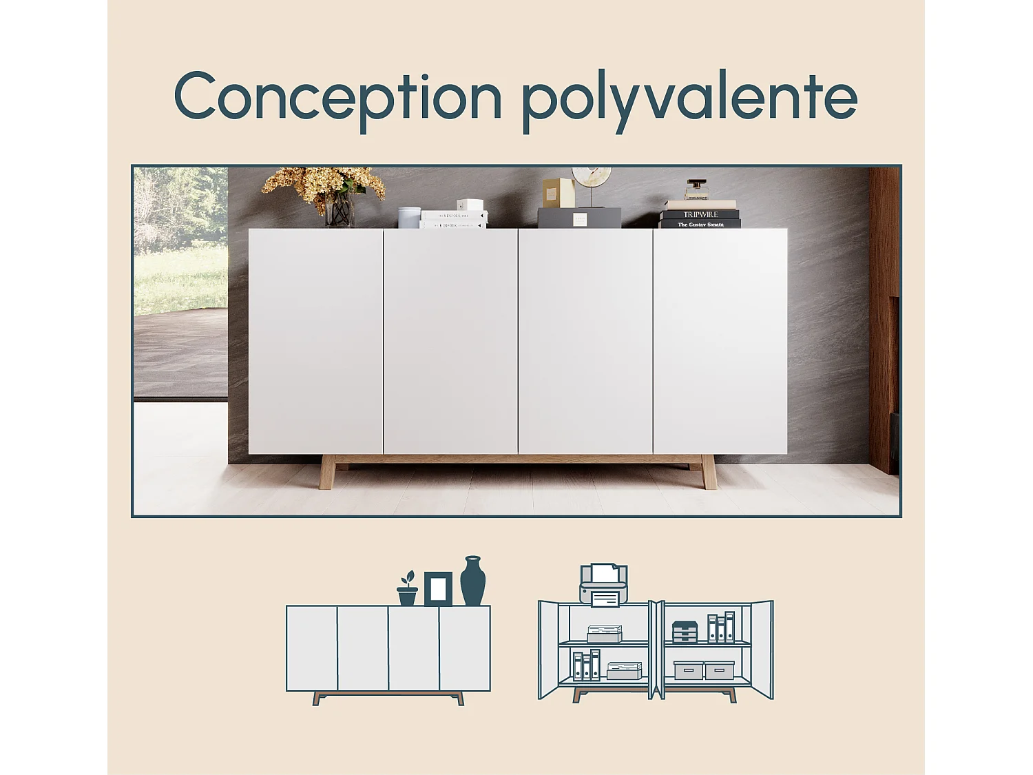 Aparador para Salón comedor en Blanco 160x40x79cm Siena