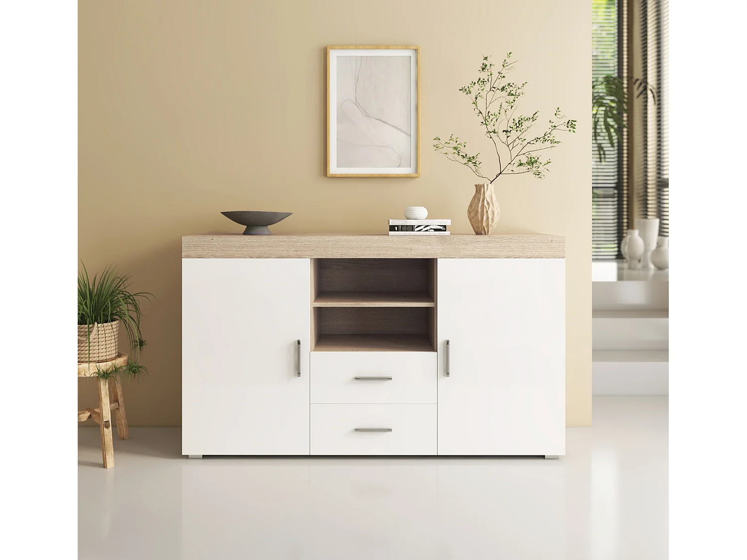 Aparador para Salón comedor en Sonoma y Blanco 140x40x80cm Roque