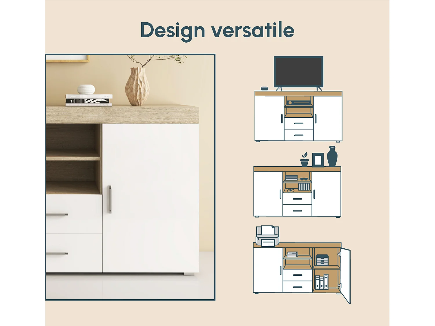 Aparador para Salón comedor en Sonoma y Blanco 140x40x80cm Roque