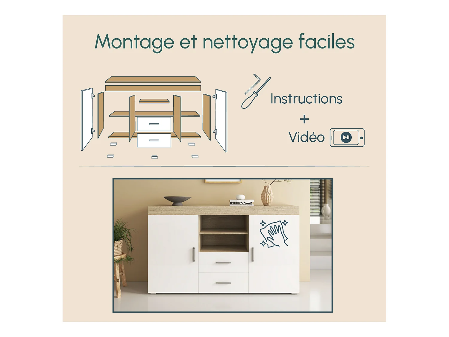 Aparador para Salón comedor en Sonoma y Blanco 140x40x80cm Roque