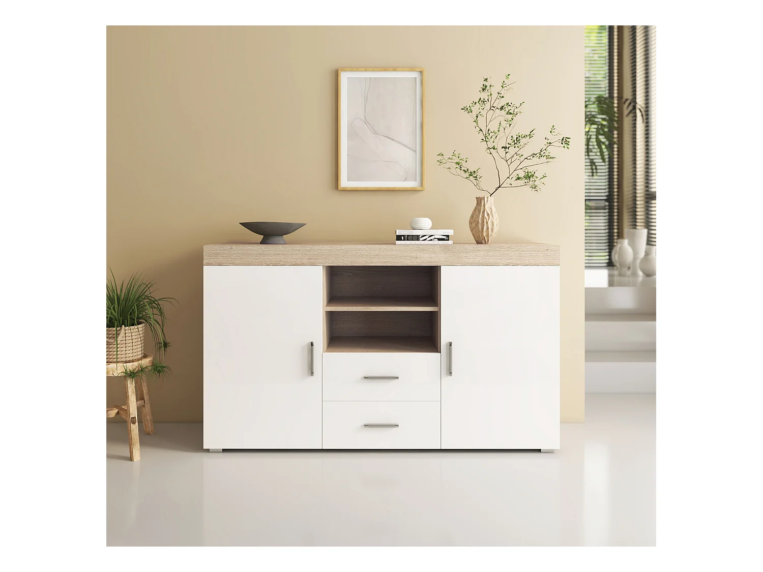 Bahut Buffet pour Salon Salle à manger en Sonoma et Blanc 140x40x80cm Roque