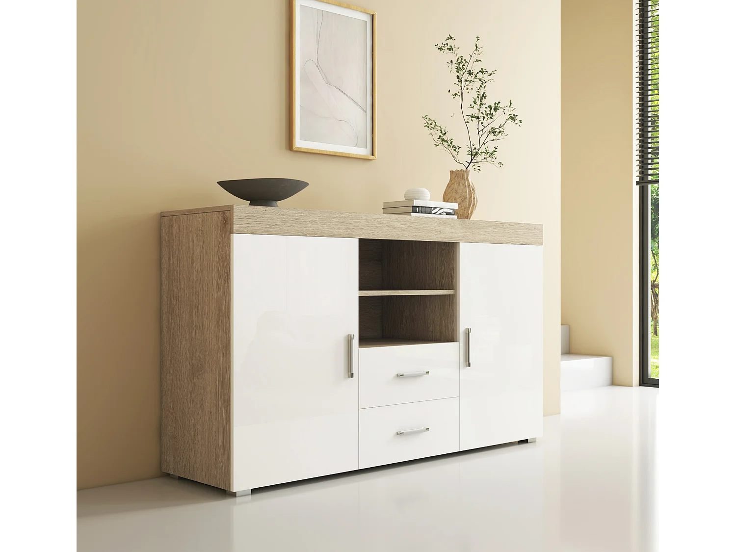 Aparador para Salón comedor en Sonoma y Blanco 140x40x80cm Roque