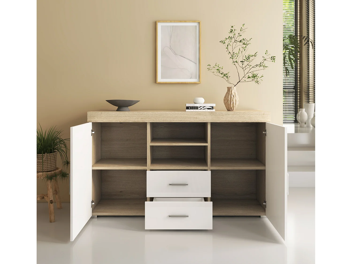 Aparador para Salón comedor en Sonoma y Blanco 140x40x80cm Roque