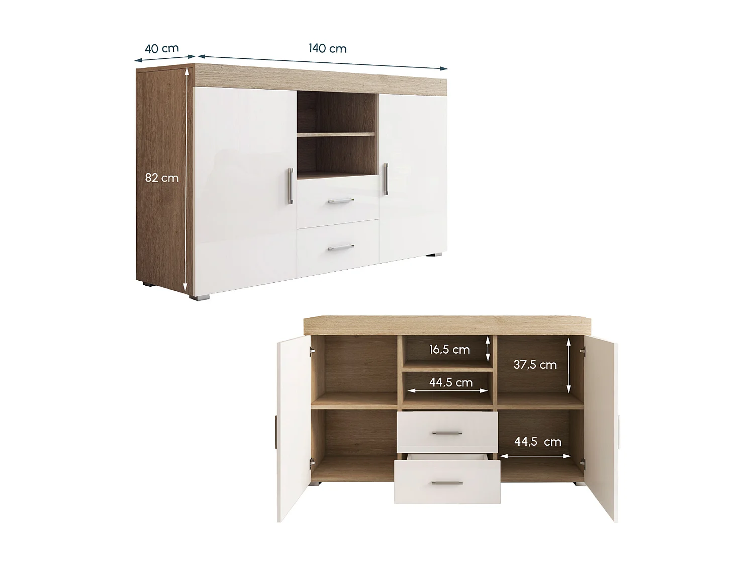 Aparador para Salón comedor en Sonoma y Blanco 140x40x80cm Roque