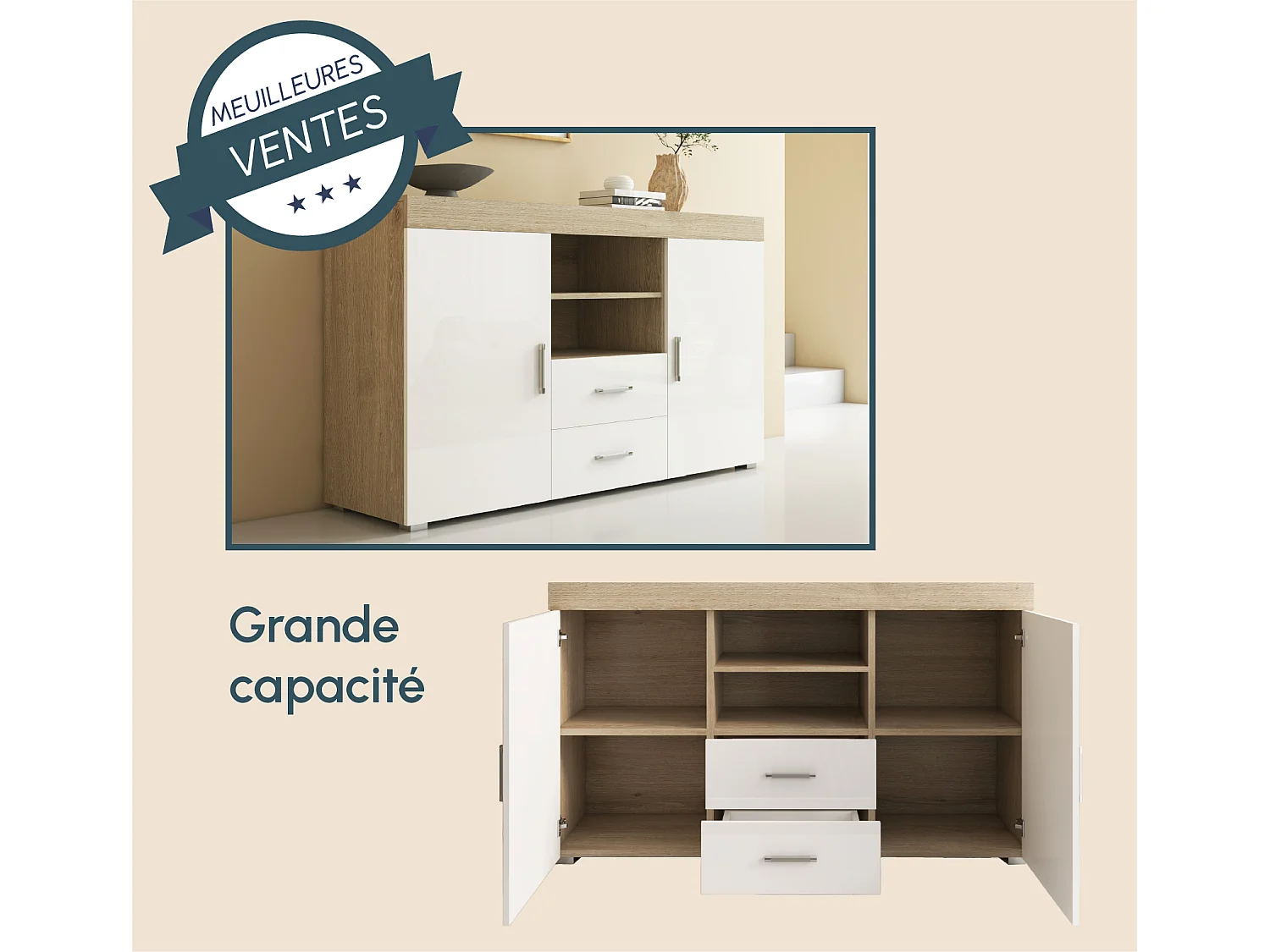 Aparador para Salón comedor en Sonoma y Blanco 140x40x80cm Roque