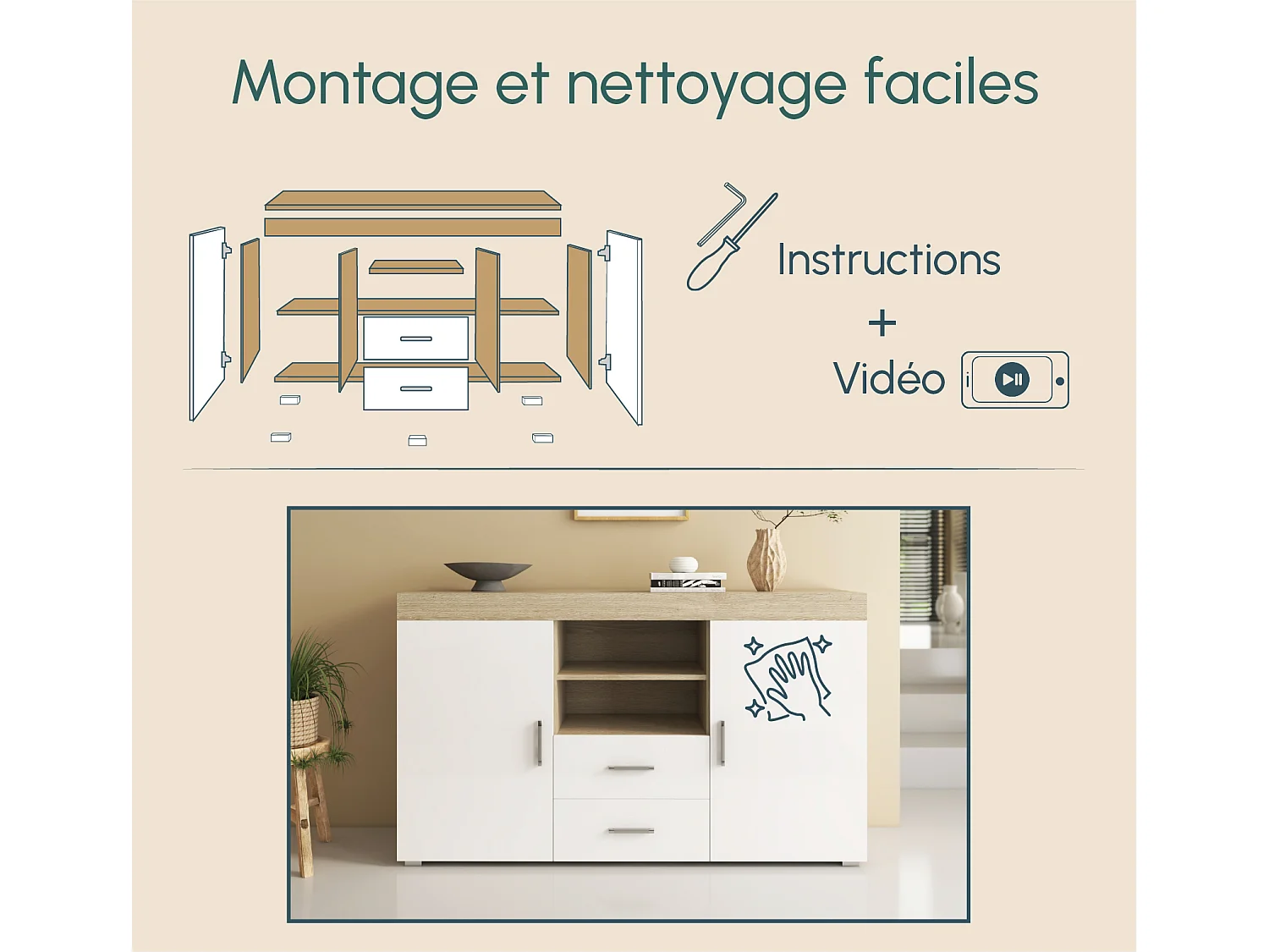 Aparador para Salón comedor en Sonoma y Blanco 140x40x80cm Roque