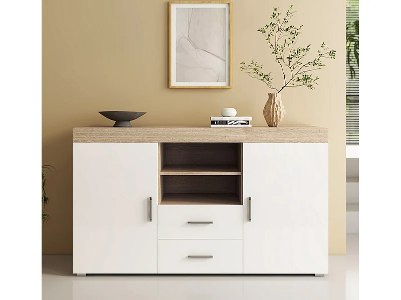 Bahut Buffet pour Salon Salle à manger en Sonoma et Blanc 140x40x80cm Roque