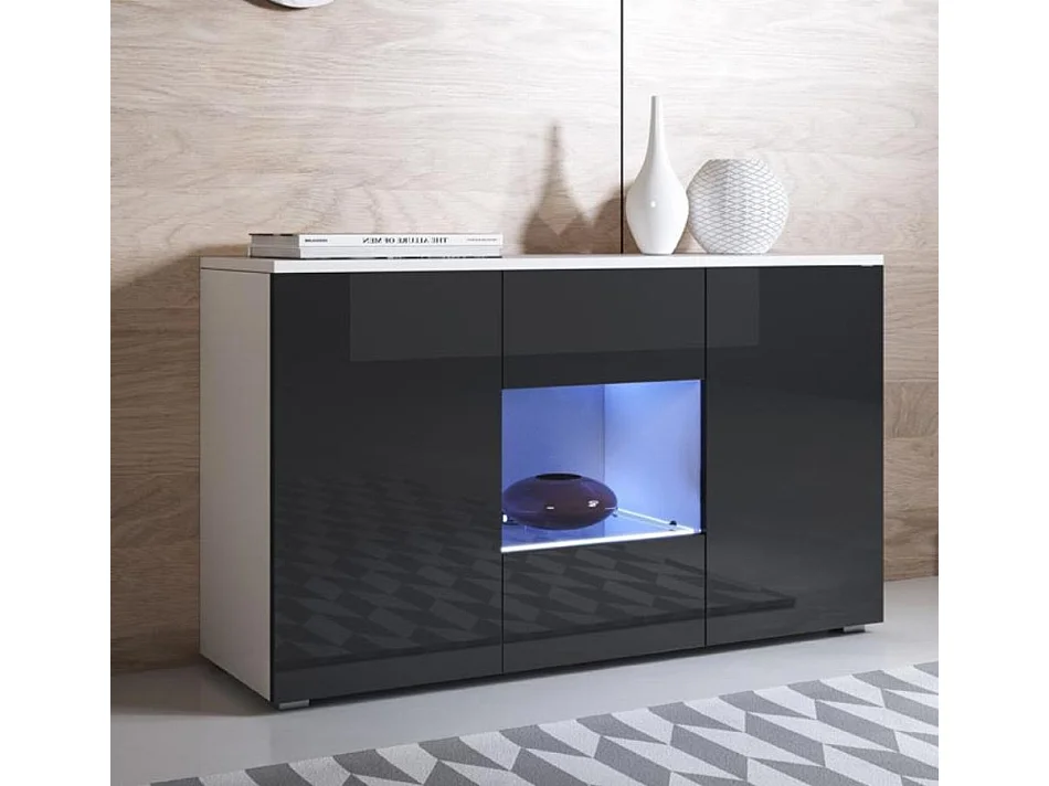 Bahut Buffet pour Salon Salle à manger en Blanc et Noir avec LED 120x40x72cm Luke A2