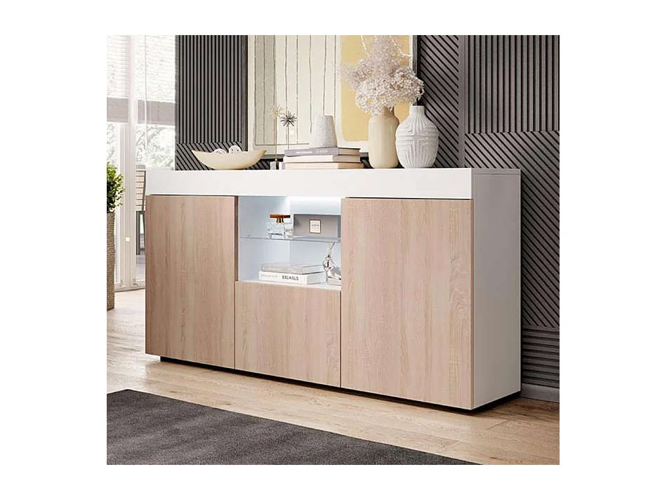 Bahut Buffet pour Salon Salle à manger en Blanc et Sonoma avec LED 135x34x73cm Sefora