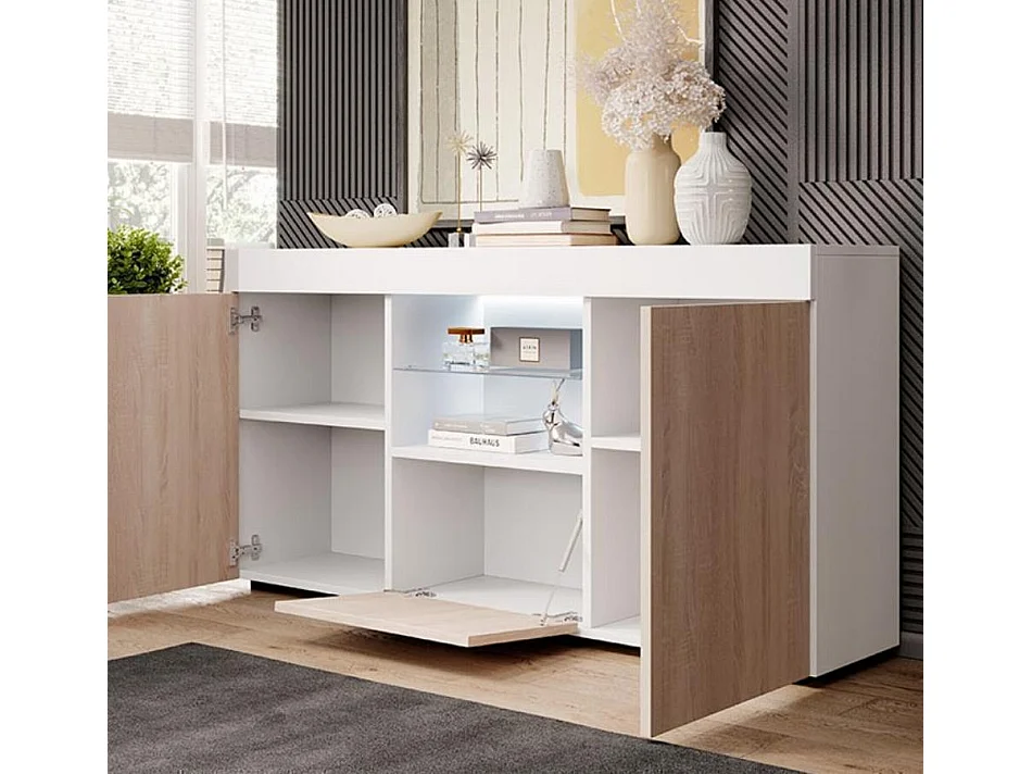 Aparador para Salón comedor en Blanco y Sonoma con LED 135x34x73cm Sefora