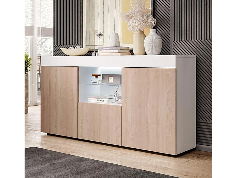 Aparador para Salón comedor en Blanco y Sonoma con LED 135x34x73cm Sefora