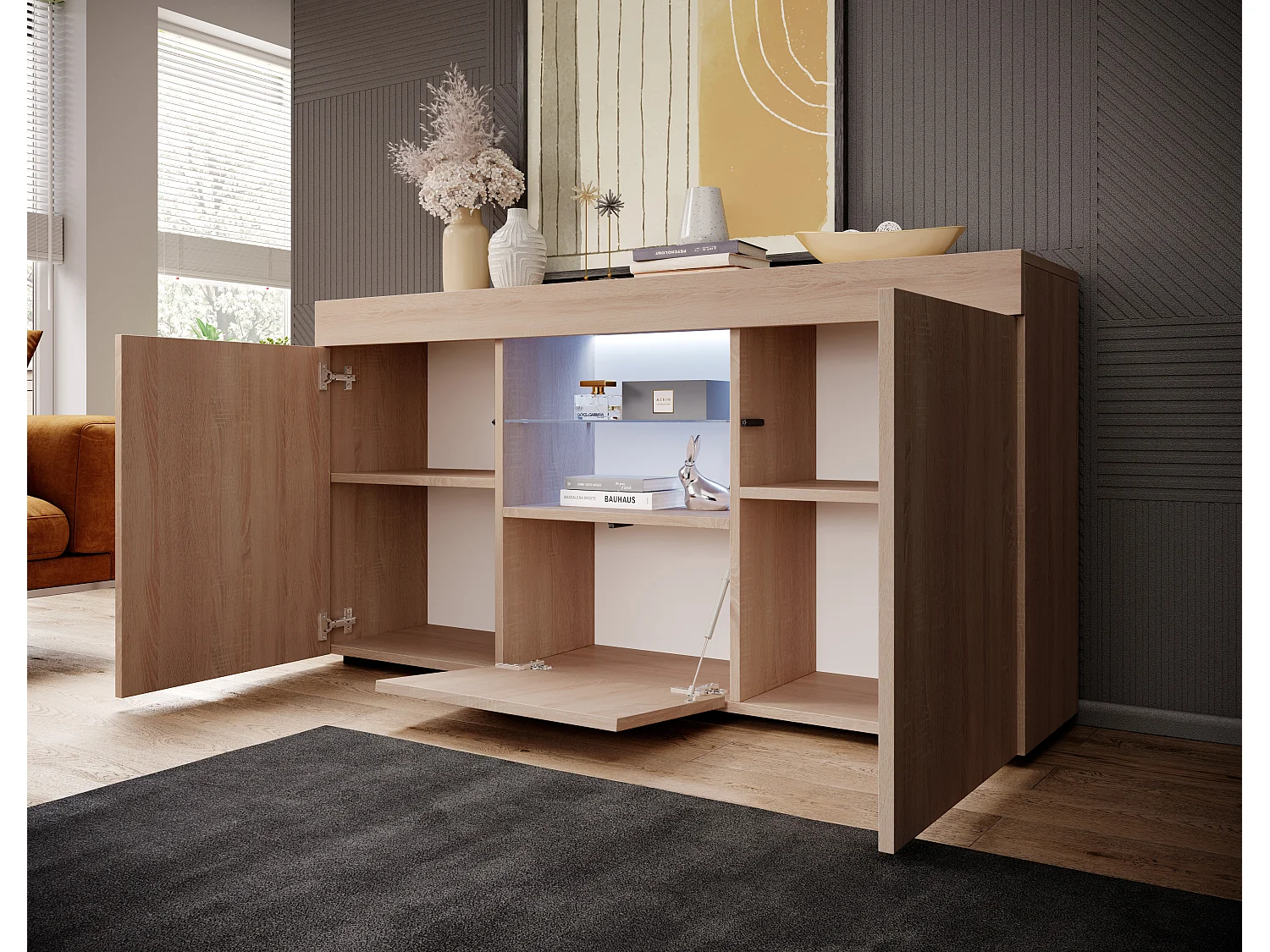 Aparador para Salón comedor en Sonoma con LED 135x34x72cm Sefora