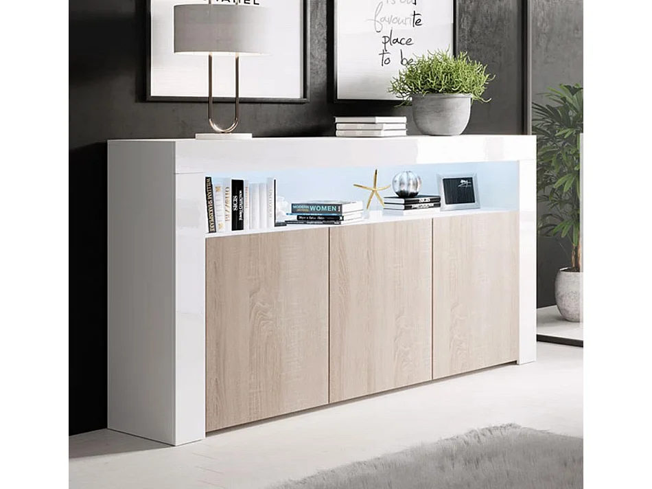 Aparador para Salón comedor en Blanco y Sonoma con LED 155x37x91,5cm Aker