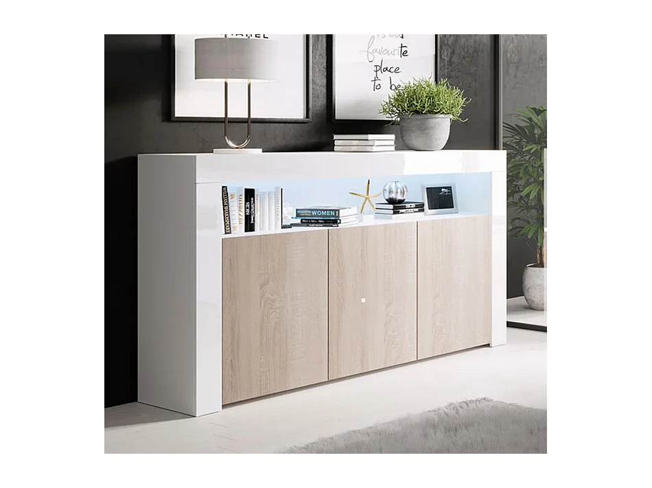 Bahut Buffet pour Salon Salle à manger en Blanc et Sonoma avec LED 155x37x91,5cm Aker