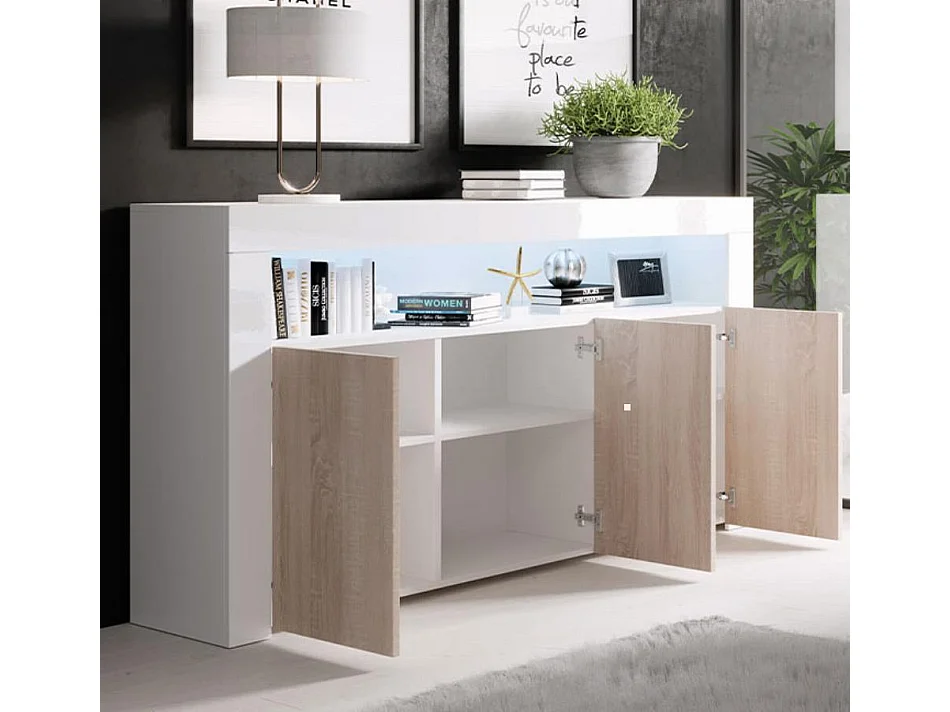Bahut Buffet pour Salon Salle à manger en Blanc et Sonoma avec LED 155x37x91,5cm Aker