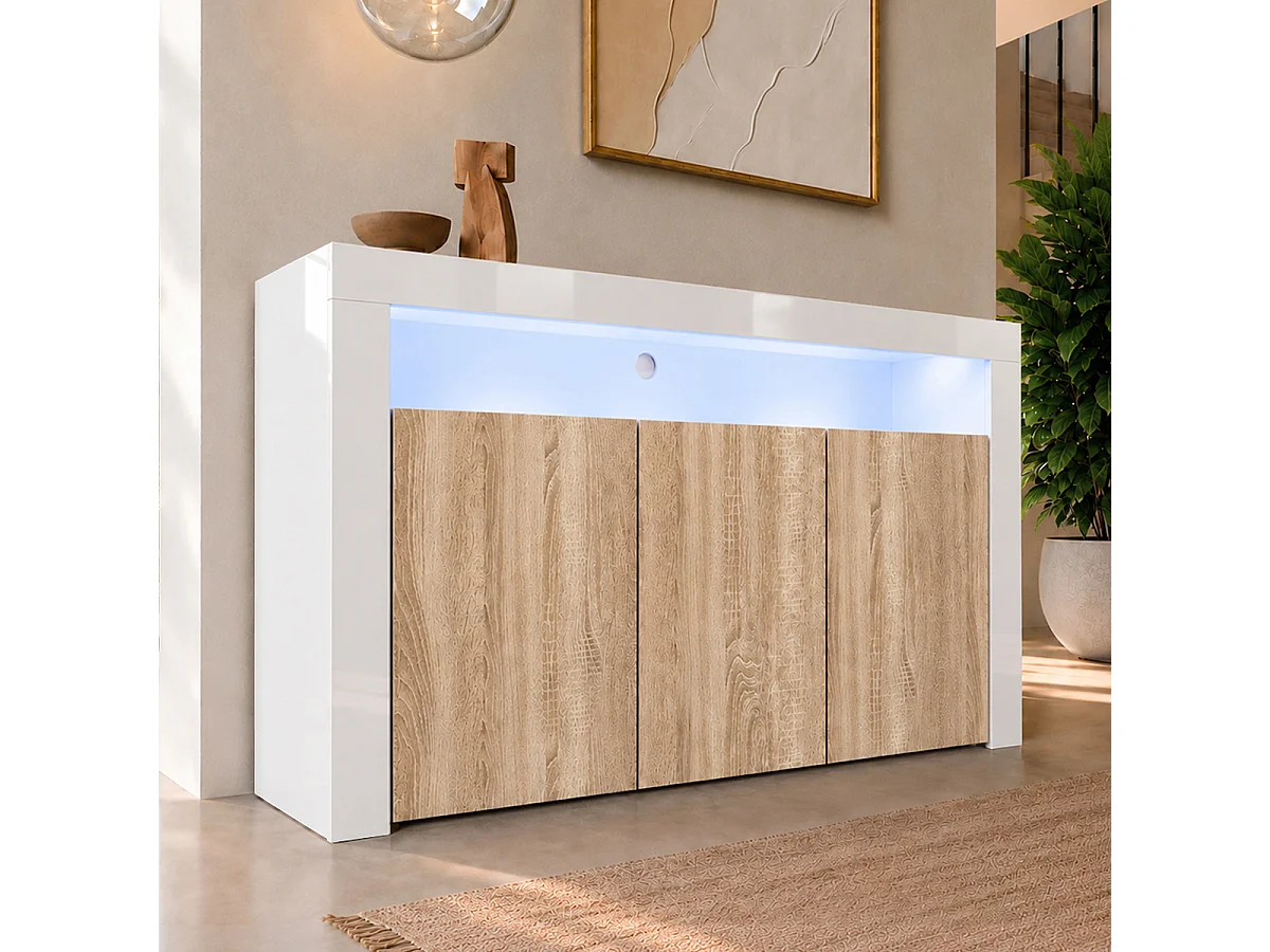 Aparador para Salón comedor en Blanco y Sonoma con LED 155x37x91,5cm Aker