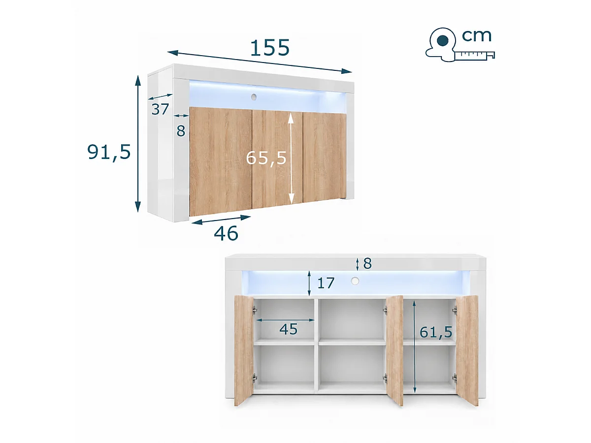 Aparador para Salón comedor en Blanco y Sonoma con LED 155x37x91,5cm Aker