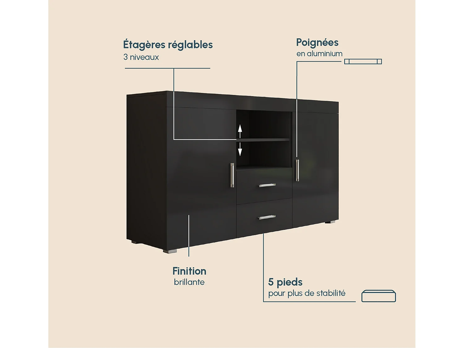 Aparador para Salón comedor en Negro 140x40x80cm Roque