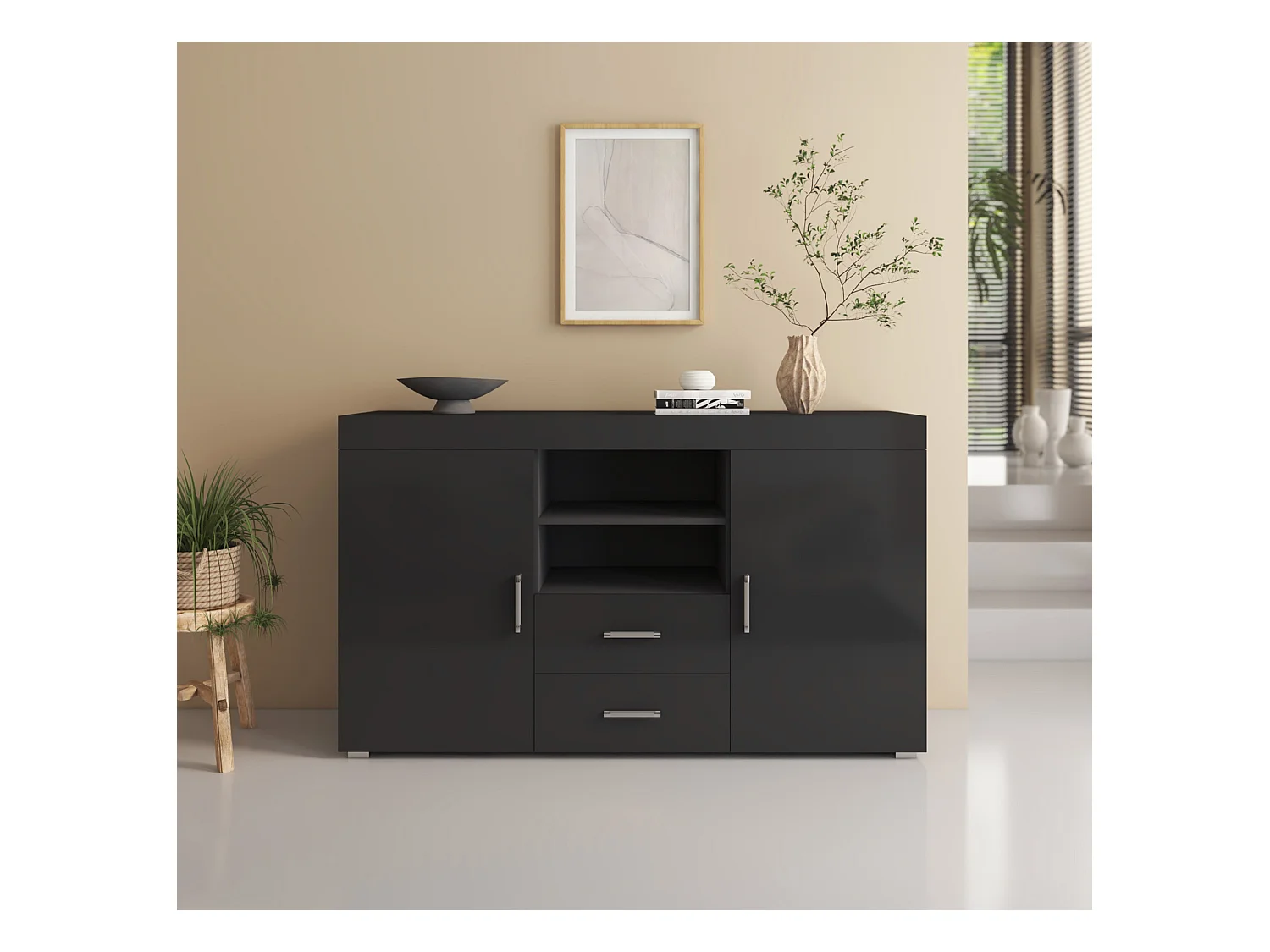 Bahut Buffet pour Salon Salle à manger en Noir 140x40x80cm Roque