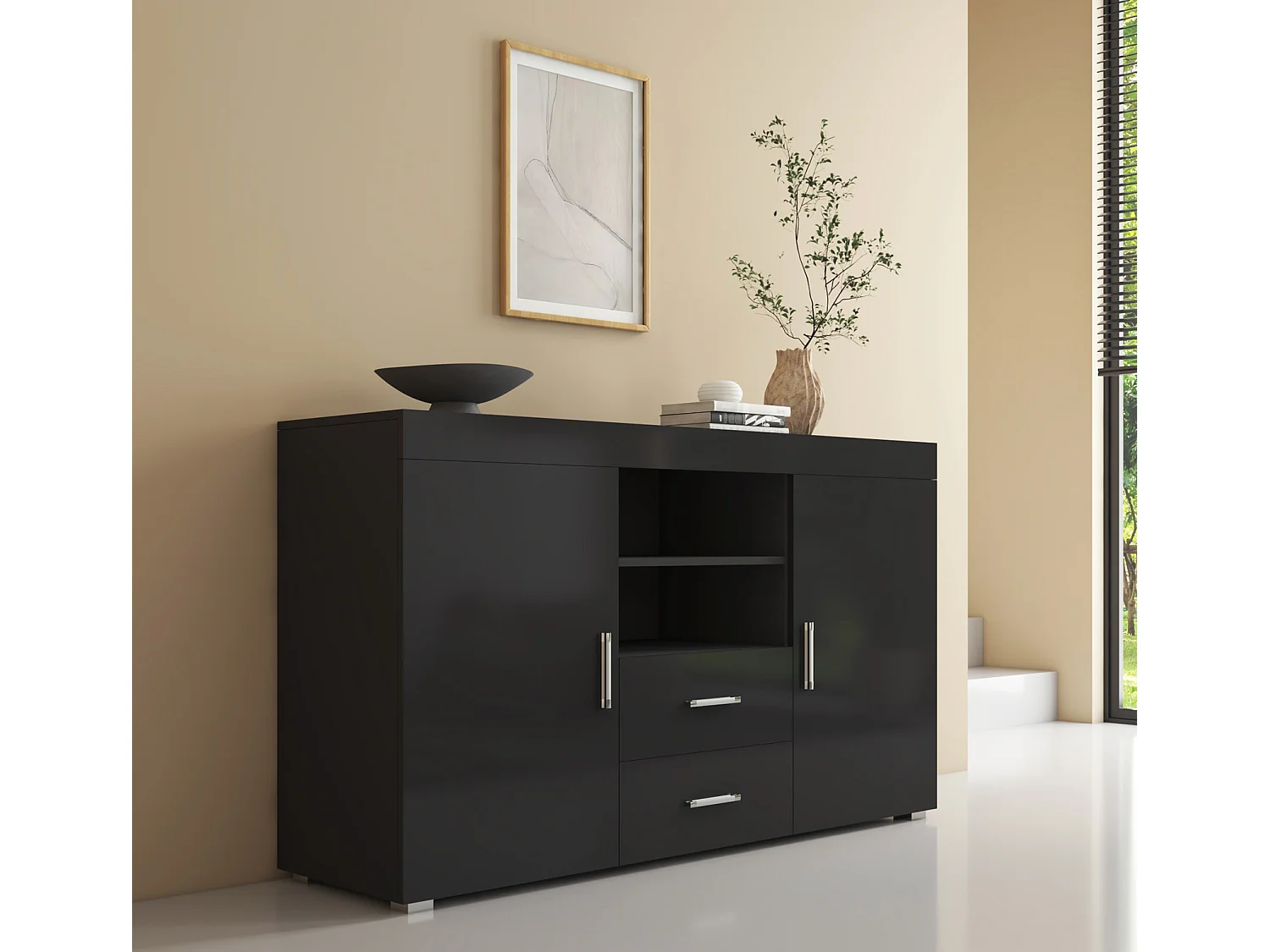 Bahut Buffet pour Salon Salle à manger en Noir 140x40x80cm Roque