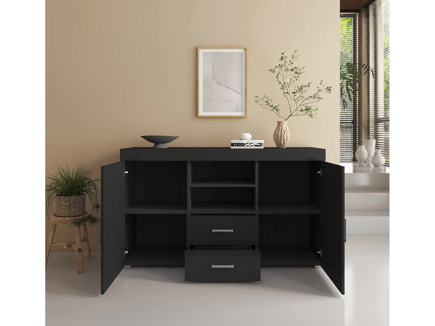 Bahut Buffet pour Salon Salle à manger en Noir 140x40x80cm Roque