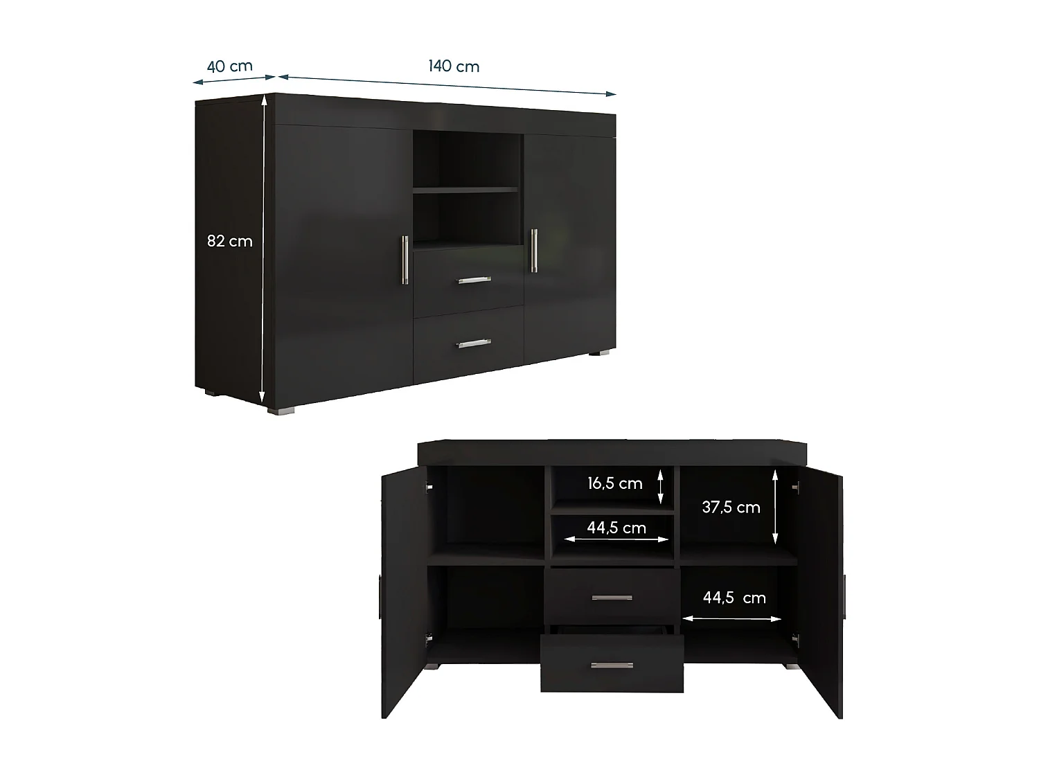 Bahut Buffet pour Salon Salle à manger en Noir 140x40x80cm Roque