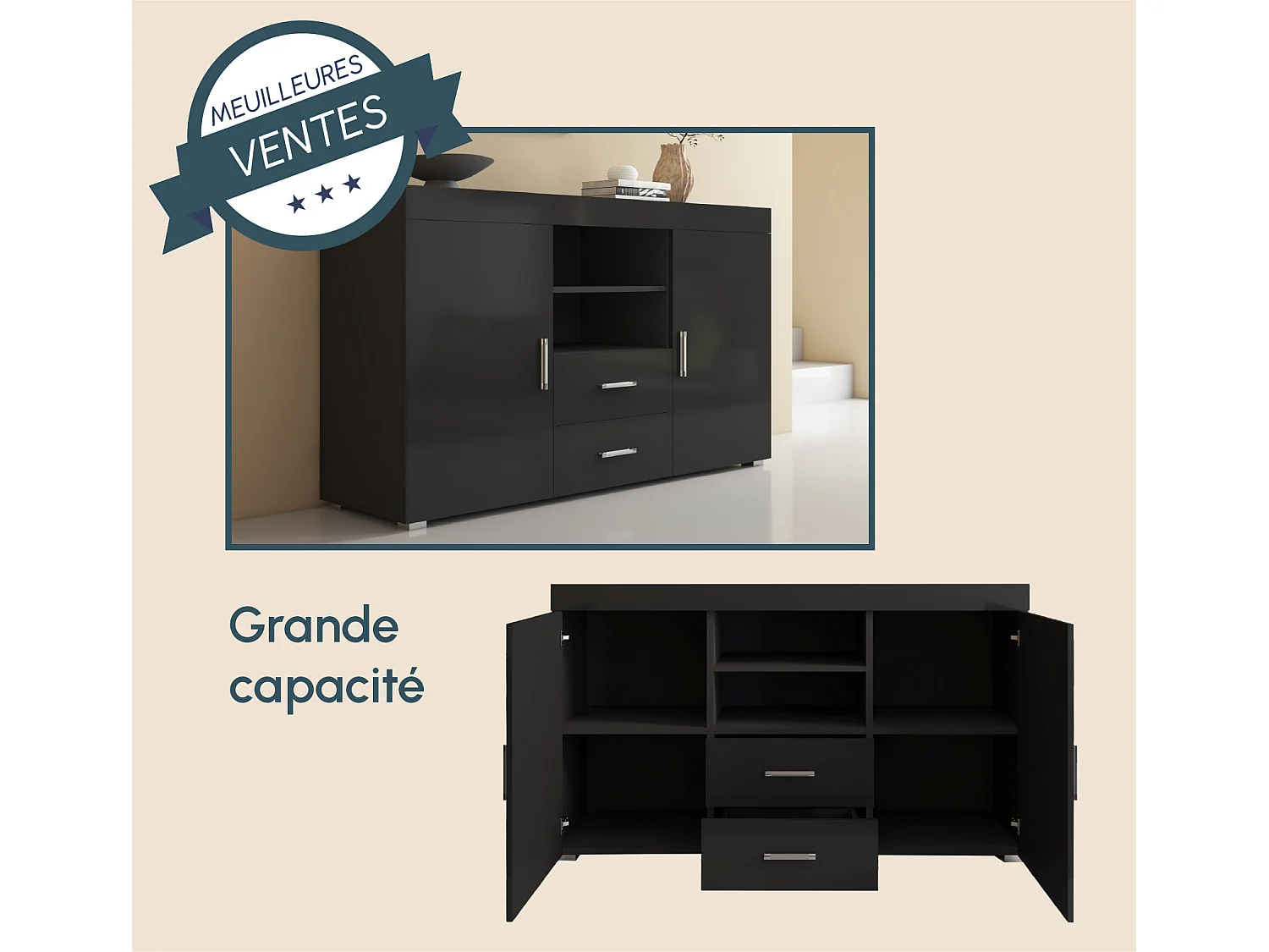 Bahut Buffet pour Salon Salle à manger en Noir 140x40x80cm Roque