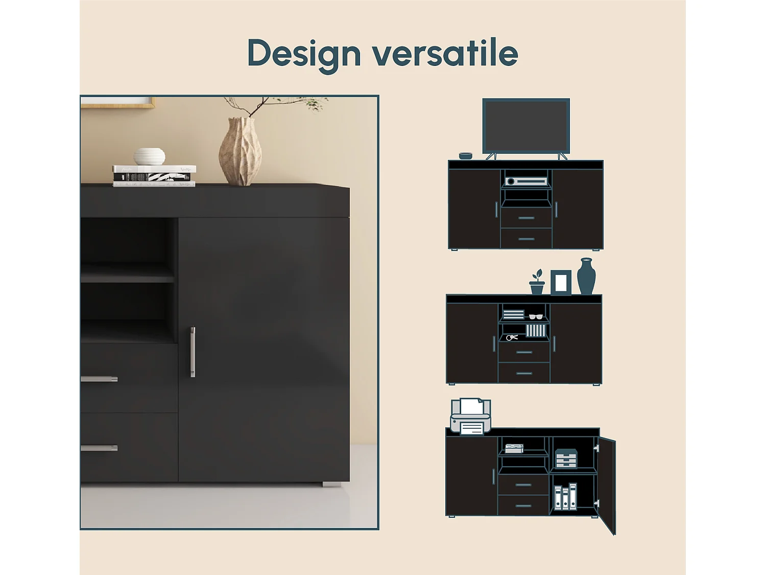 Bahut Buffet pour Salon Salle à manger en Noir 140x40x80cm Roque