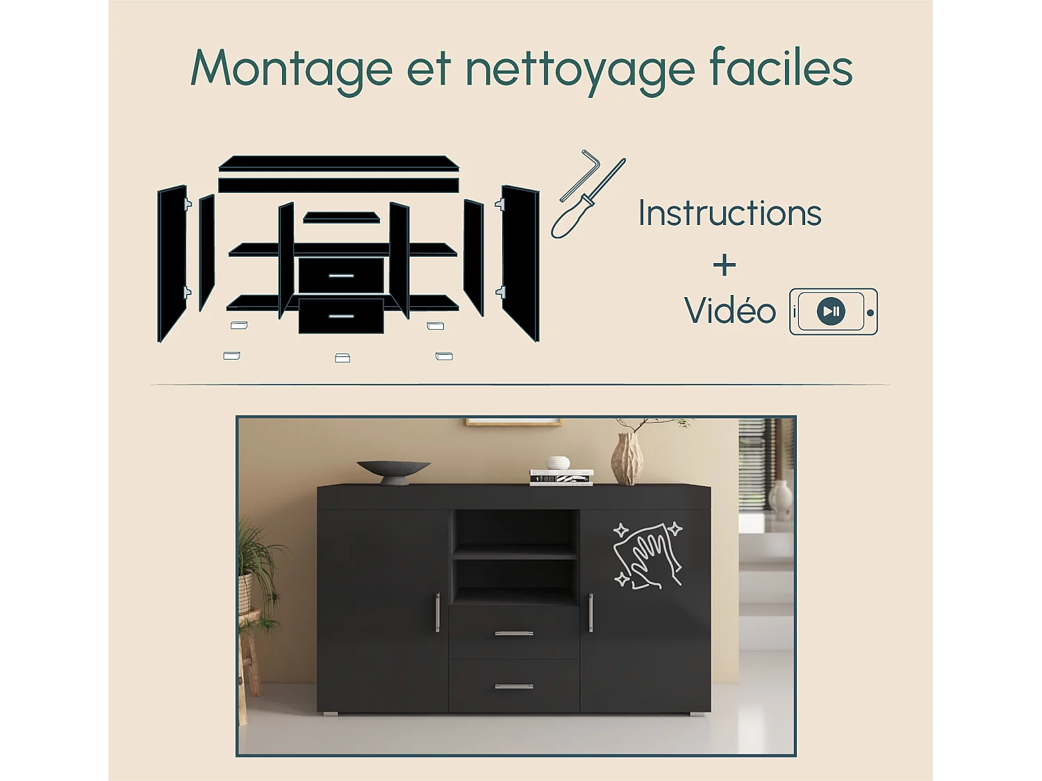 Bahut Buffet pour Salon Salle à manger en Noir 140x40x80cm Roque
